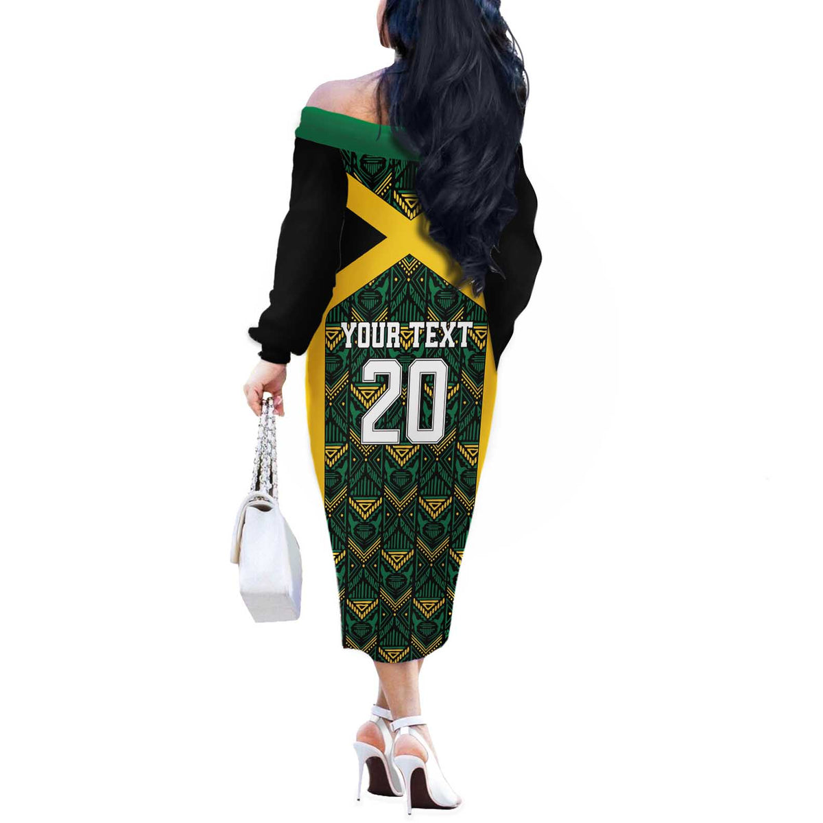 Jamaica Football Custom Off The Shoulder Long Sleeve Dress Black Ethnic Motifs - Wonder Print Shop