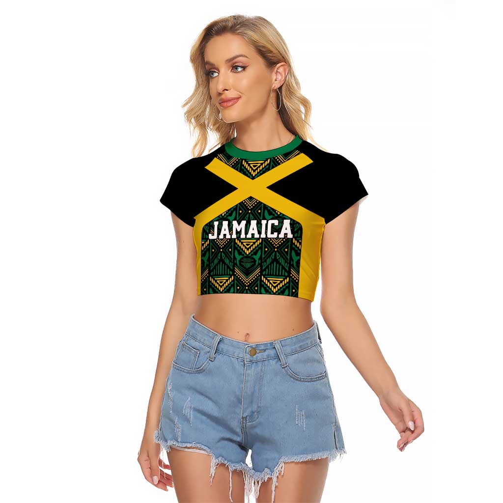 Jamaica Football Custom Raglan Cropped T Shirt Black Ethnic Motifs - Wonder Print Shop