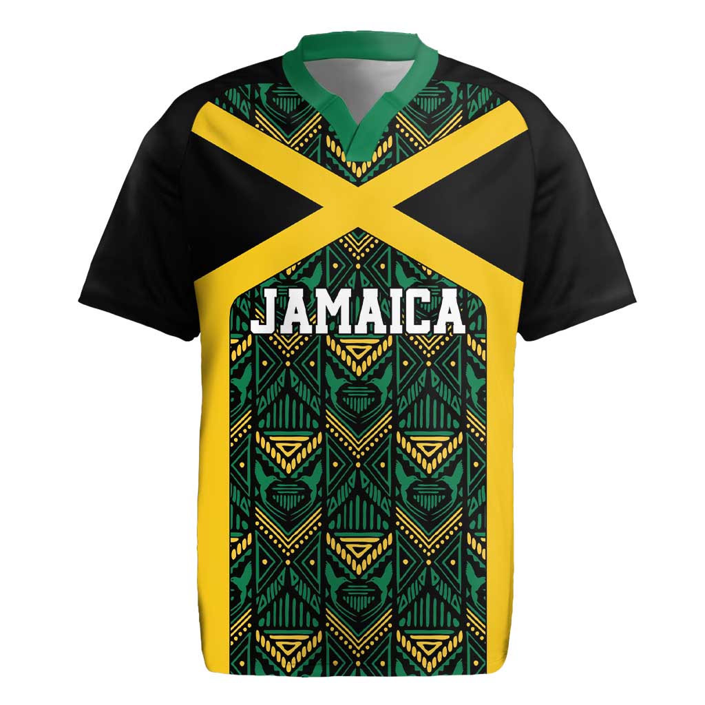 Jamaica Football Custom Rugby Jersey Black Ethnic Motifs - Wonder Print Shop