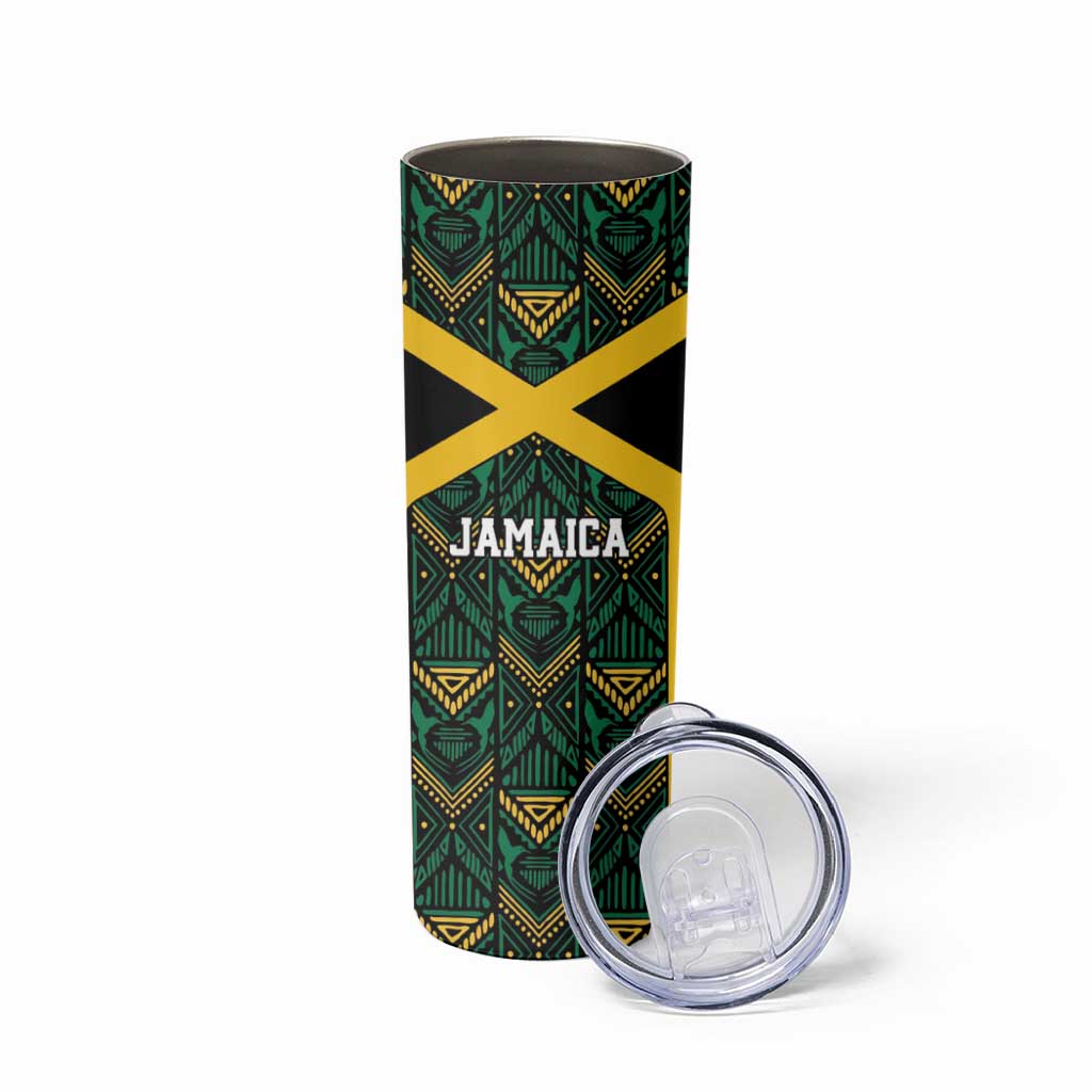 Jamaica Football Custom Skinny Tumbler Black Ethnic Motifs - Wonder Print Shop