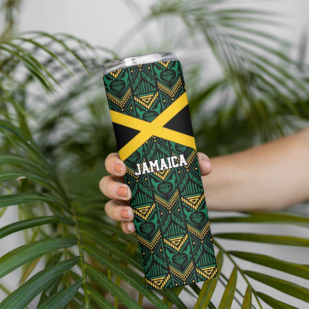 Jamaica Football Custom Skinny Tumbler Black Ethnic Motifs - Wonder Print Shop