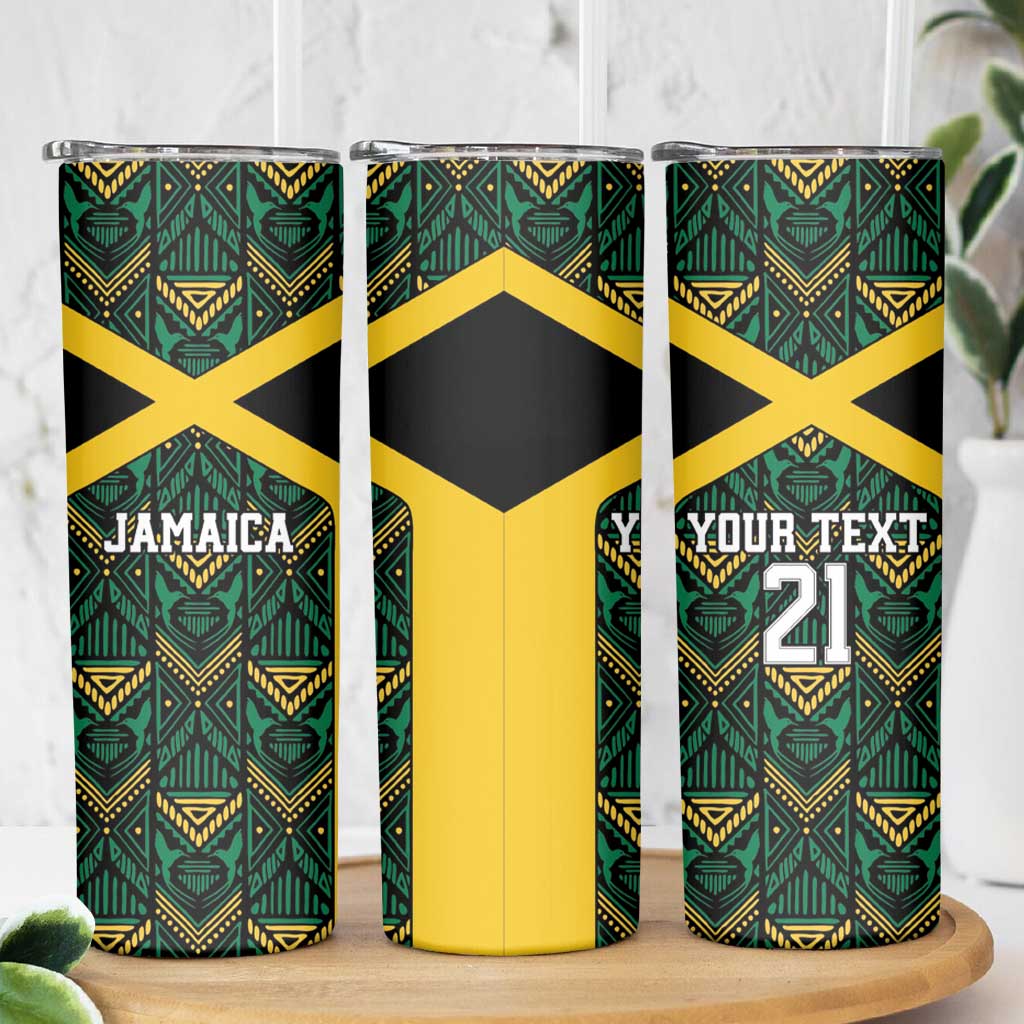 Jamaica Football Custom Skinny Tumbler Black Ethnic Motifs - Wonder Print Shop