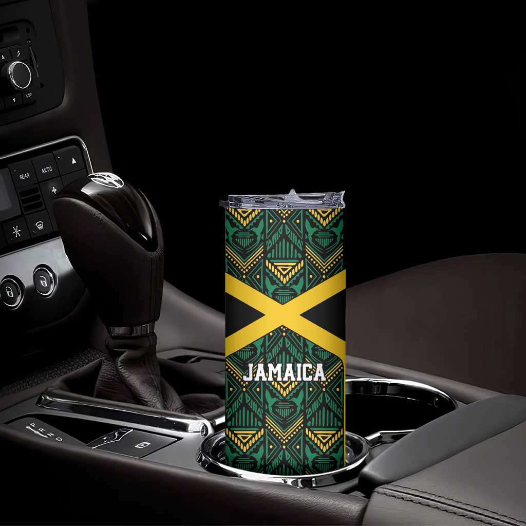 Jamaica Football Custom Skinny Tumbler Black Ethnic Motifs - Wonder Print Shop