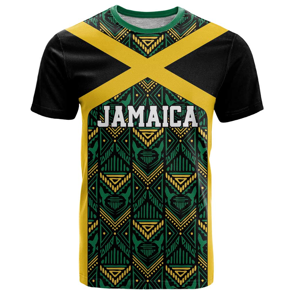 Jamaica Football Custom T Shirt Black Ethnic Motifs - Wonder Print Shop