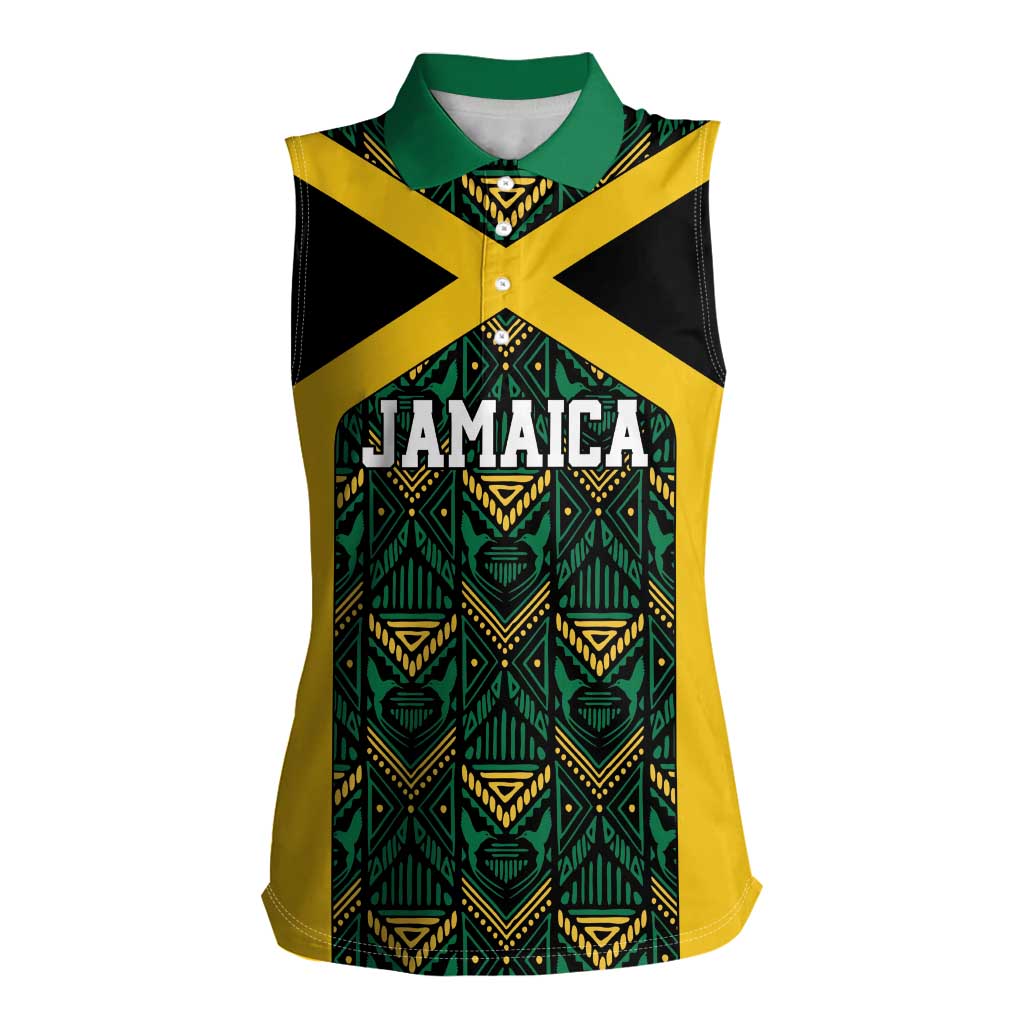 Jamaica Football Custom Women Sleeveless Polo Shirt Black Ethnic Motifs - Wonder Print Shop