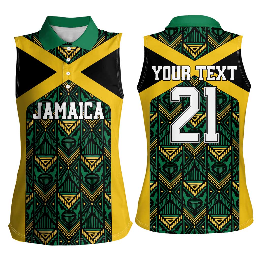 Jamaica Football Custom Women Sleeveless Polo Shirt Black Ethnic Motifs - Wonder Print Shop