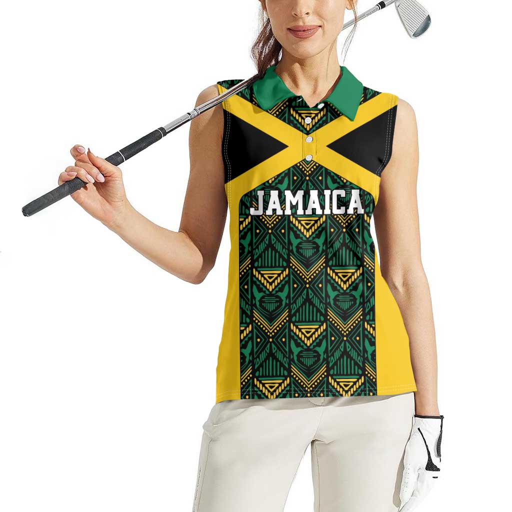 Jamaica Football Custom Women Sleeveless Polo Shirt Black Ethnic Motifs - Wonder Print Shop