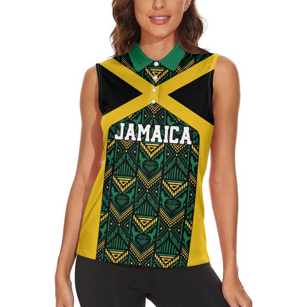 Jamaica Football Custom Women Sleeveless Polo Shirt Black Ethnic Motifs - Wonder Print Shop