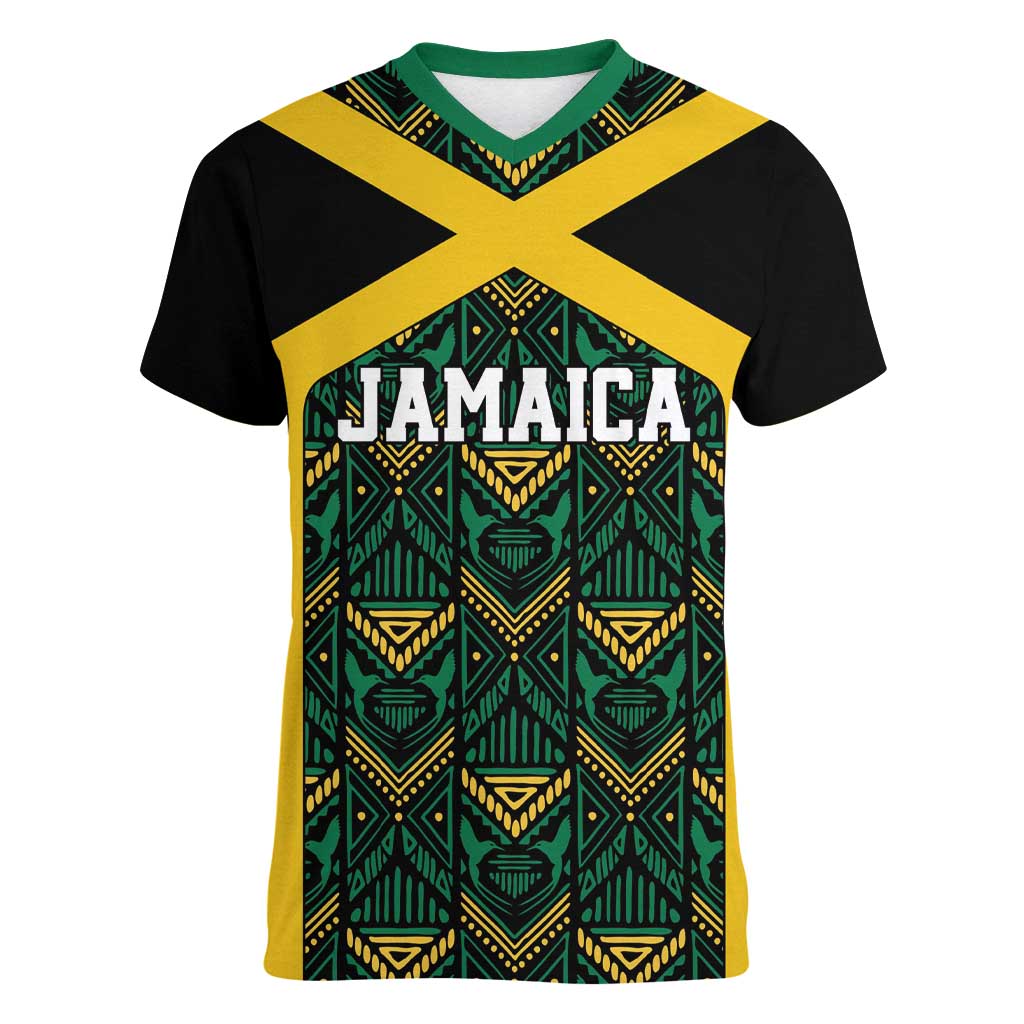 Jamaica Football Custom Women V-Neck T-Shirt Black Ethnic Motifs - Wonder Print Shop