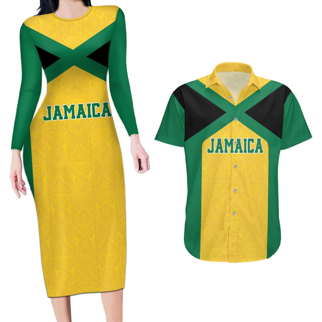Jamaica Football Custom Couples Matching Long Sleeve Bodycon Dress and Hawaiian Shirt Gold Ethnic Motifs LT9 - Wonder Print Shop