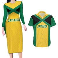 Jamaica Football Custom Couples Matching Long Sleeve Bodycon Dress and Hawaiian Shirt Gold Ethnic Motifs LT9 - Wonder Print Shop