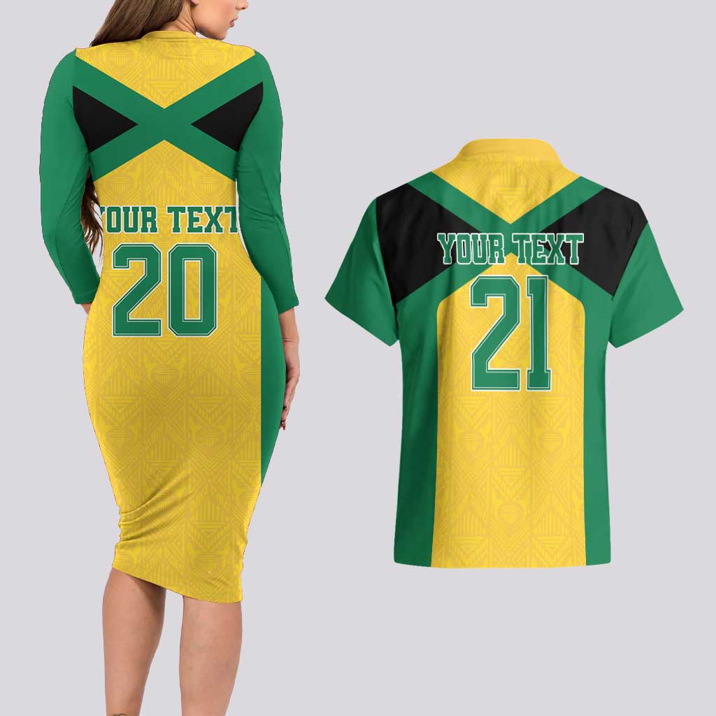 Jamaica Football Custom Couples Matching Long Sleeve Bodycon Dress and Hawaiian Shirt Gold Ethnic Motifs LT9 - Wonder Print Shop