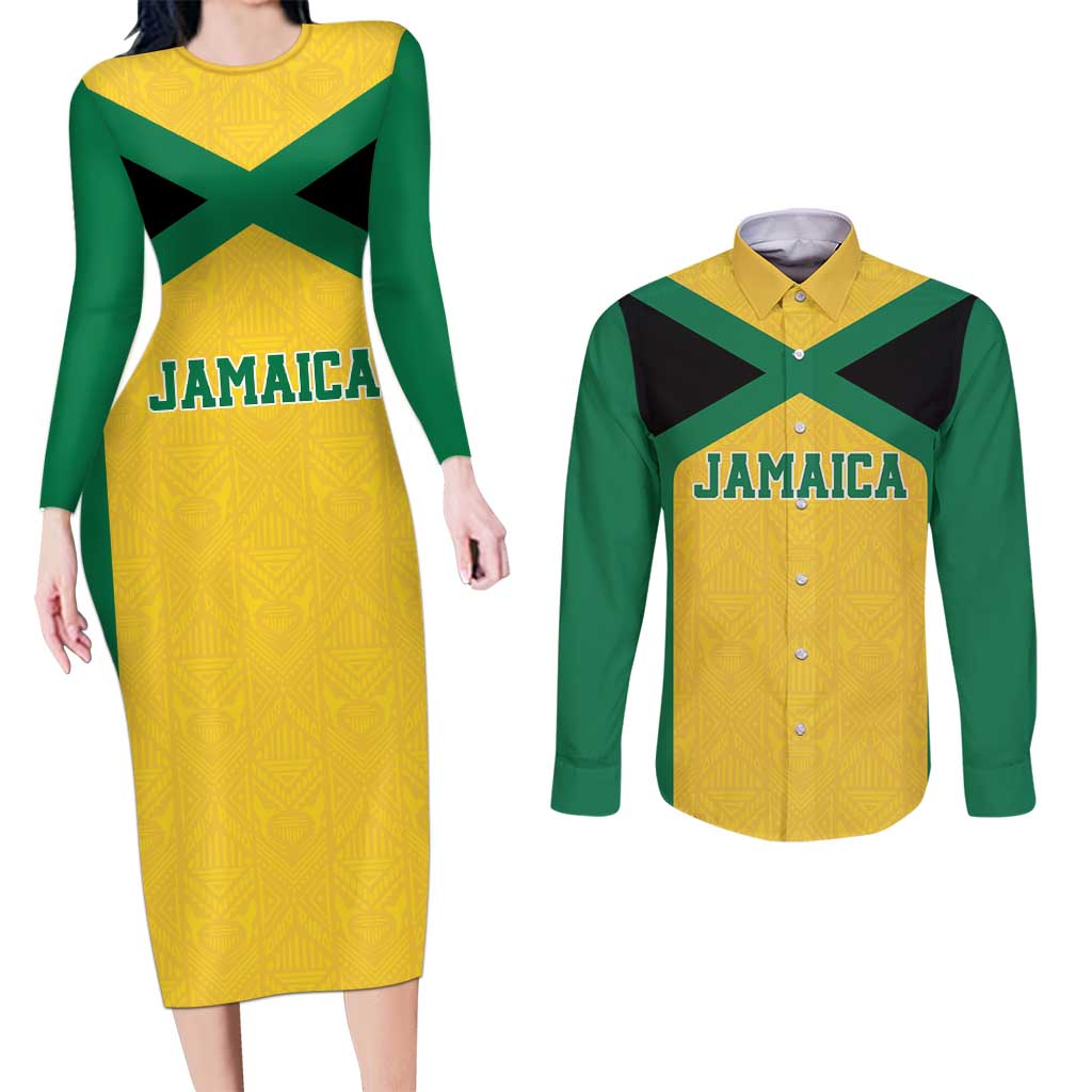 Jamaica Football Custom Couples Matching Long Sleeve Bodycon Dress and Long Sleeve Button Shirt Gold Ethnic Motifs LT9 - Wonder Print Shop