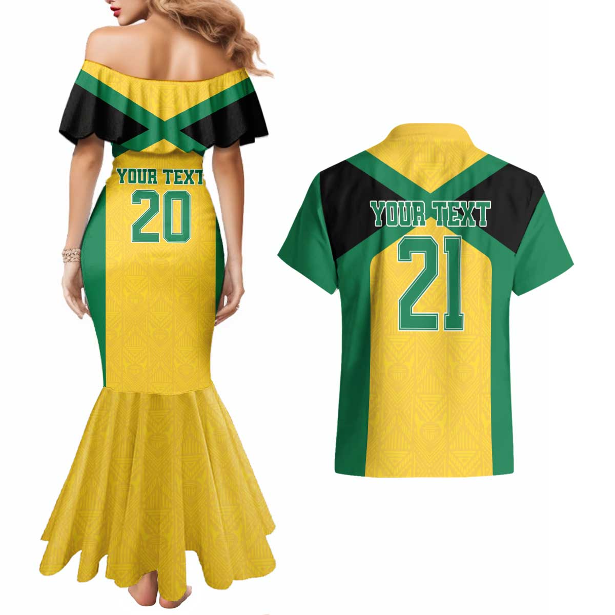 Jamaica Football Custom Couples Matching Mermaid Dress and Hawaiian Shirt Gold Ethnic Motifs LT9 - Wonder Print Shop