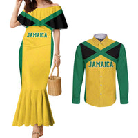 Jamaica Football Custom Couples Matching Mermaid Dress and Long Sleeve Button Shirt Gold Ethnic Motifs