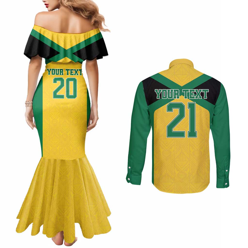 Jamaica Football Custom Couples Matching Mermaid Dress and Long Sleeve Button Shirt Gold Ethnic Motifs