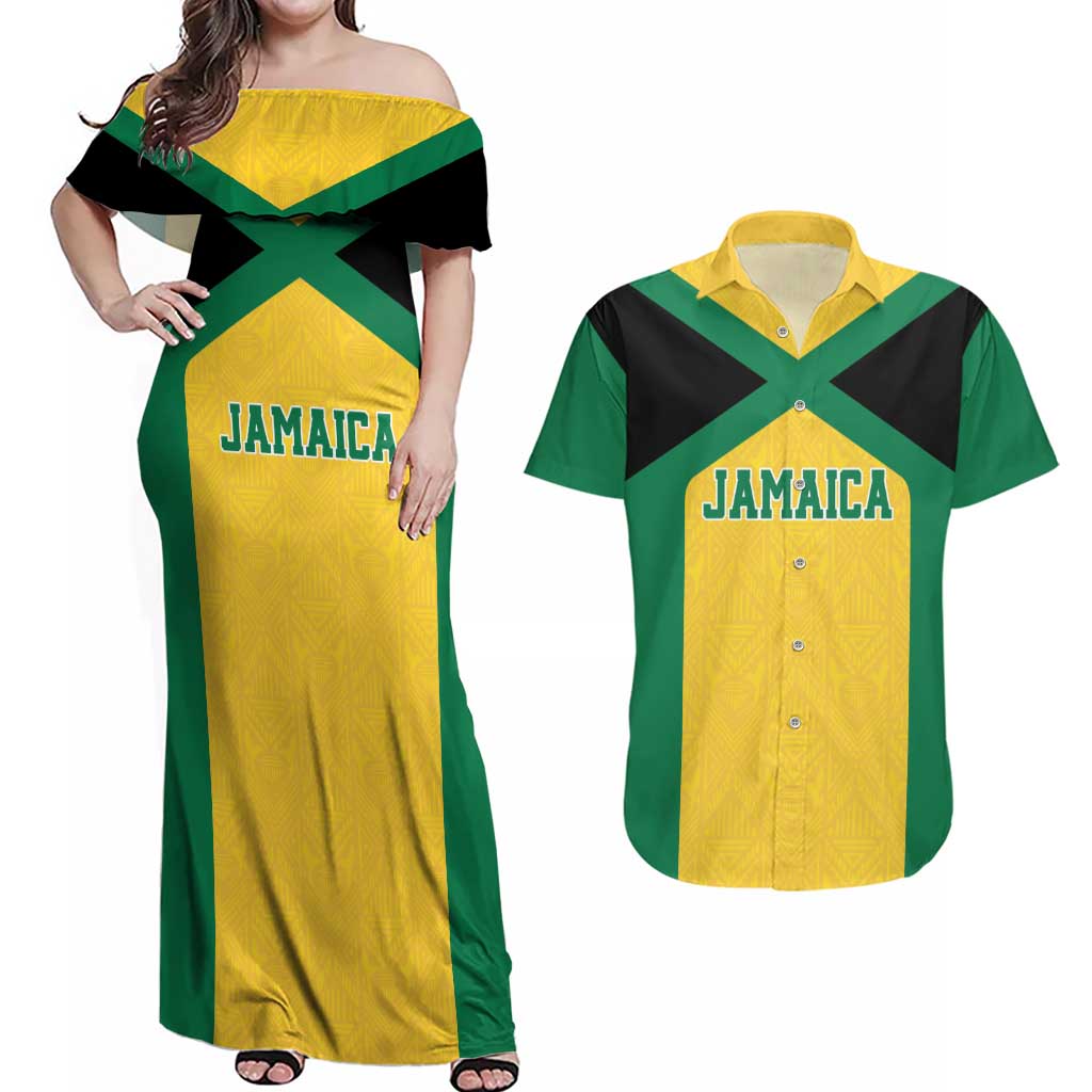 Jamaica Football Custom Couples Matching Off Shoulder Maxi Dress and Hawaiian Shirt Gold Ethnic Motifs LT9 - Wonder Print Shop