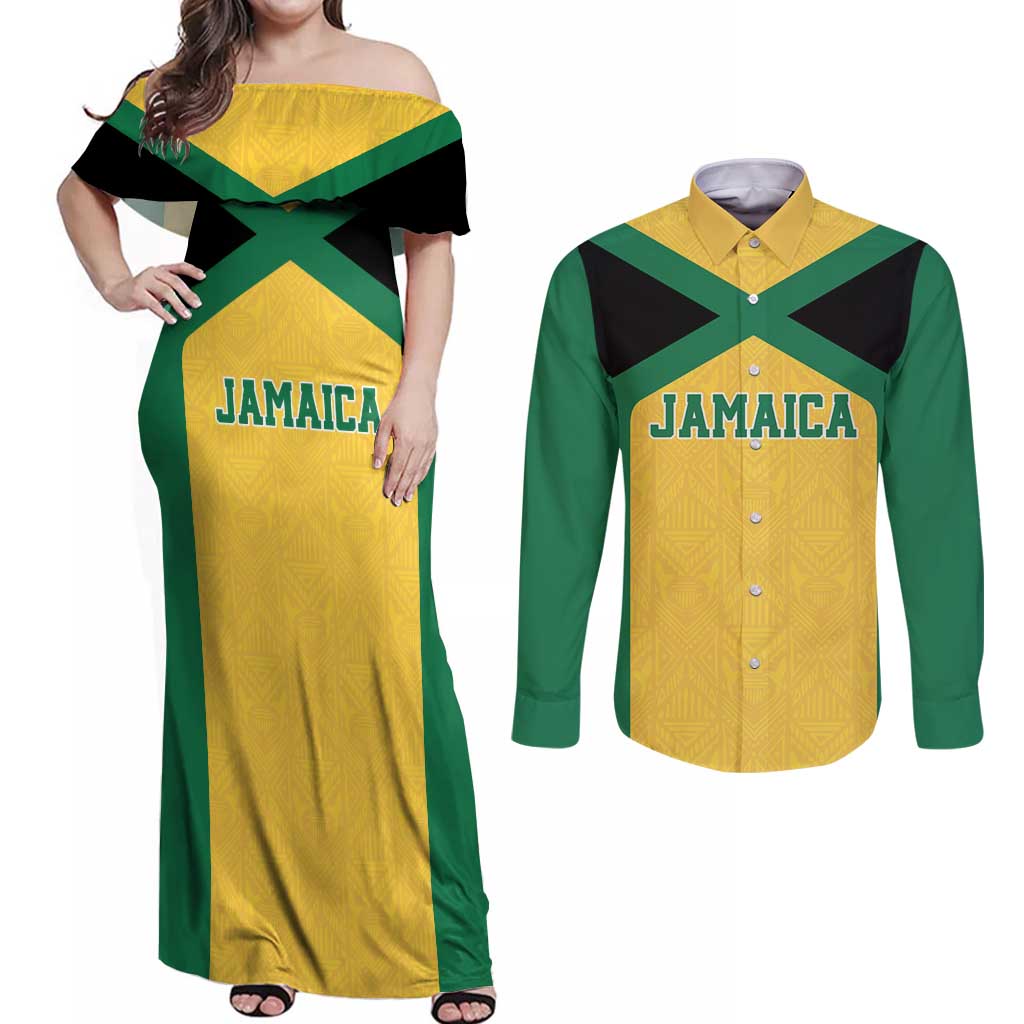 Jamaica Football Custom Couples Matching Off Shoulder Maxi Dress and Long Sleeve Button Shirt Gold Ethnic Motifs LT9 - Wonder Print Shop