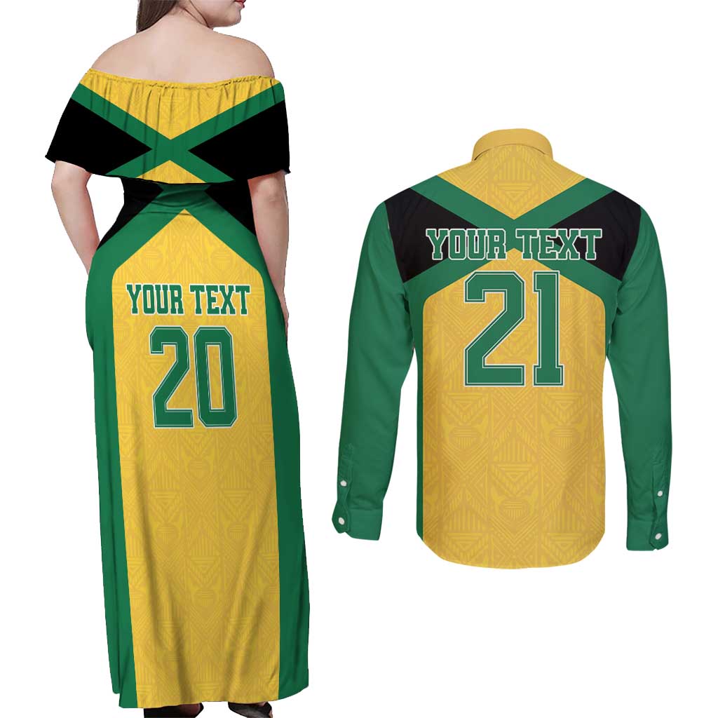 Jamaica Football Custom Couples Matching Off Shoulder Maxi Dress and Long Sleeve Button Shirt Gold Ethnic Motifs LT9 - Wonder Print Shop