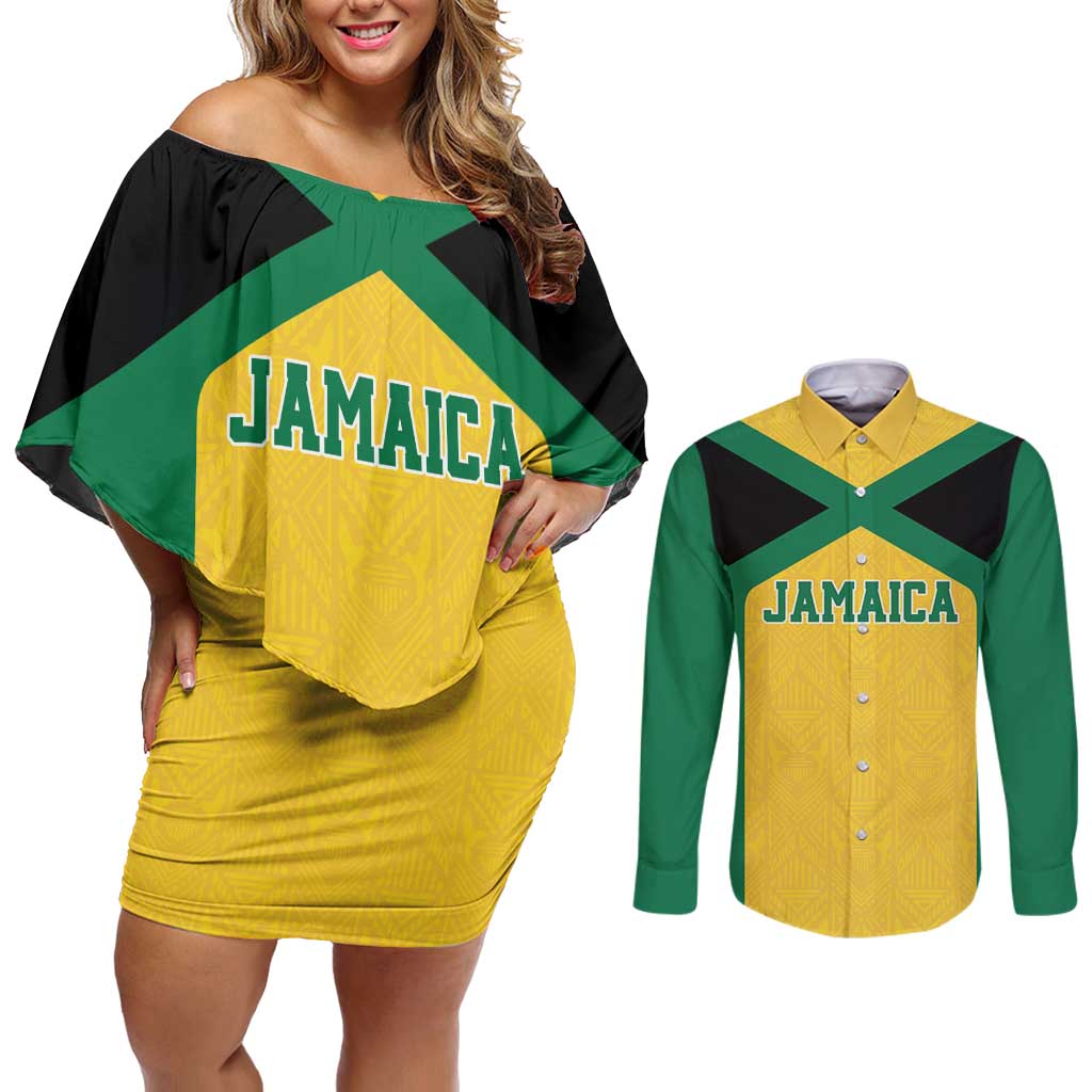 Jamaica Football Custom Couples Matching Off Shoulder Short Dress and Long Sleeve Button Shirt Gold Ethnic Motifs LT9 - Wonder Print Shop