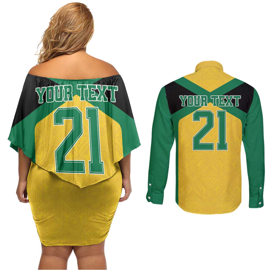 Jamaica Football Custom Couples Matching Off Shoulder Short Dress and Long Sleeve Button Shirt Gold Ethnic Motifs LT9 - Wonder Print Shop