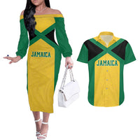 Jamaica Football Custom Couples Matching Off The Shoulder Long Sleeve Dress and Hawaiian Shirt Gold Ethnic Motifs LT9 - Wonder Print Shop