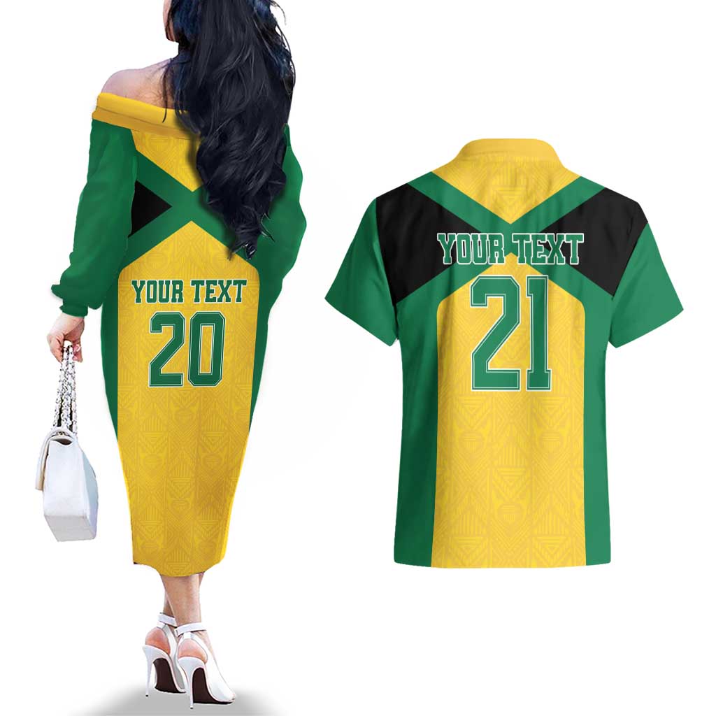 Jamaica Football Custom Couples Matching Off The Shoulder Long Sleeve Dress and Hawaiian Shirt Gold Ethnic Motifs LT9 - Wonder Print Shop