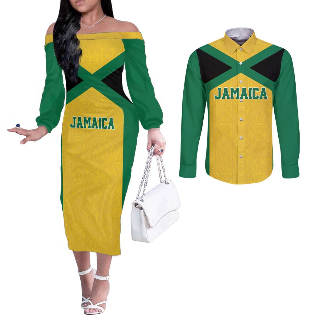 Jamaica Football Custom Couples Matching Off The Shoulder Long Sleeve Dress and Long Sleeve Button Shirt Gold Ethnic Motifs