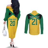 Jamaica Football Custom Couples Matching Off The Shoulder Long Sleeve Dress and Long Sleeve Button Shirt Gold Ethnic Motifs