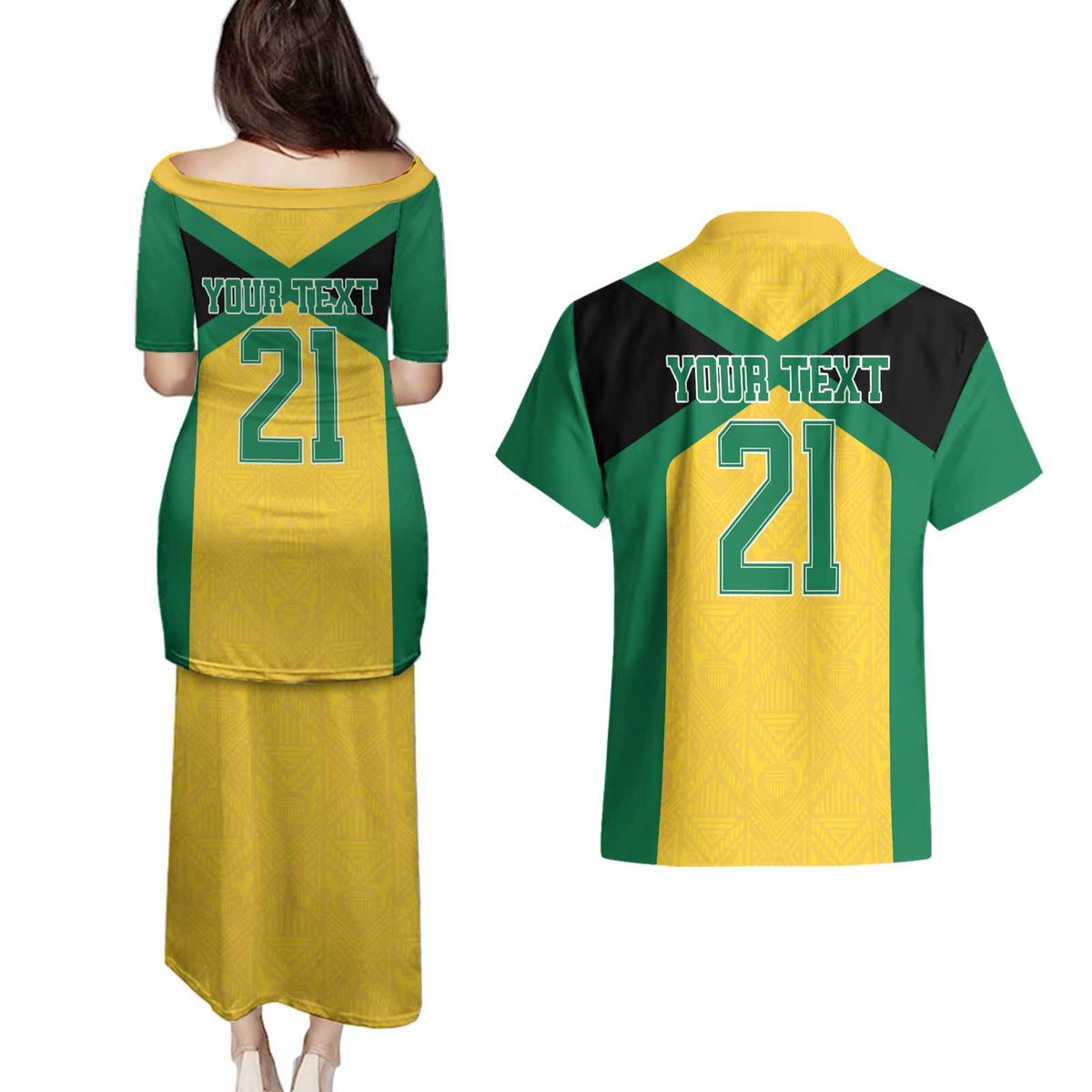 Jamaica Football Custom Couples Matching Puletasi and Hawaiian Shirt Gold Ethnic Motifs LT9 - Wonder Print Shop