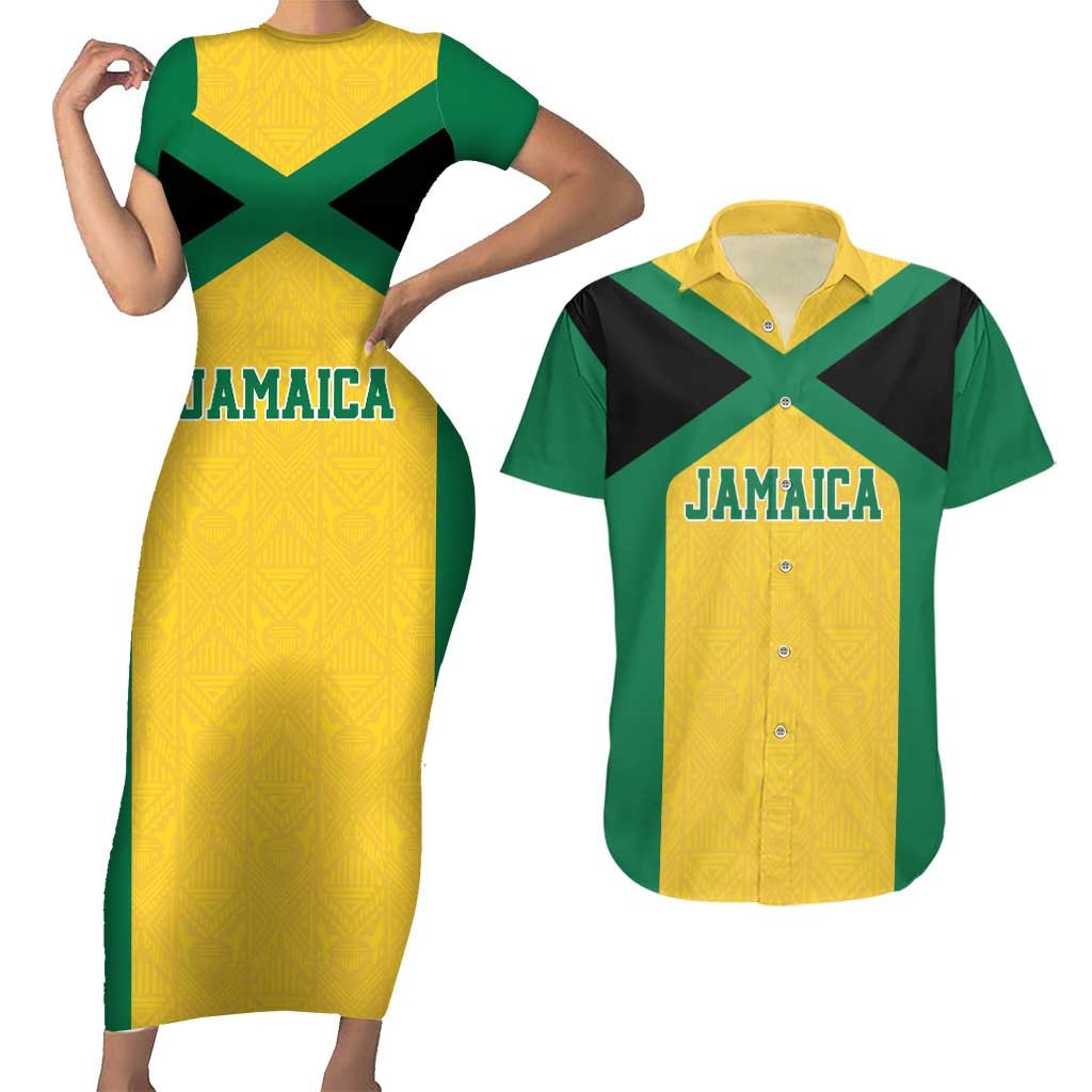 Jamaica Football Custom Couples Matching Short Sleeve Bodycon Dress and Hawaiian Shirt Gold Ethnic Motifs LT9 - Wonder Print Shop