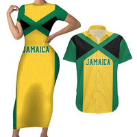 Jamaica Football Custom Couples Matching Short Sleeve Bodycon Dress and Hawaiian Shirt Gold Ethnic Motifs LT9 - Wonder Print Shop