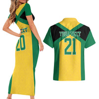Jamaica Football Custom Couples Matching Short Sleeve Bodycon Dress and Hawaiian Shirt Gold Ethnic Motifs LT9 - Wonder Print Shop