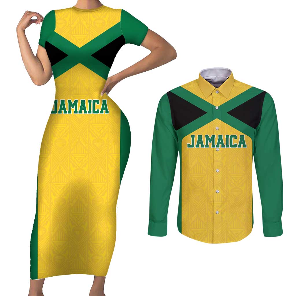 Jamaica Football Custom Couples Matching Short Sleeve Bodycon Dress and Long Sleeve Button Shirt Gold Ethnic Motifs LT9 - Wonder Print Shop