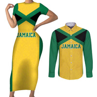 Jamaica Football Custom Couples Matching Short Sleeve Bodycon Dress and Long Sleeve Button Shirt Gold Ethnic Motifs LT9 - Wonder Print Shop