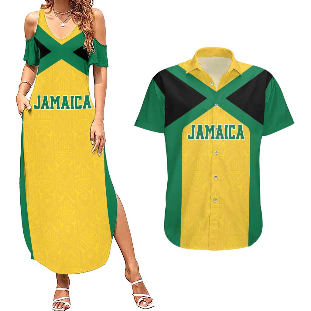 Jamaica Football Custom Couples Matching Summer Maxi Dress and Hawaiian Shirt Gold Ethnic Motifs LT9 - Wonder Print Shop