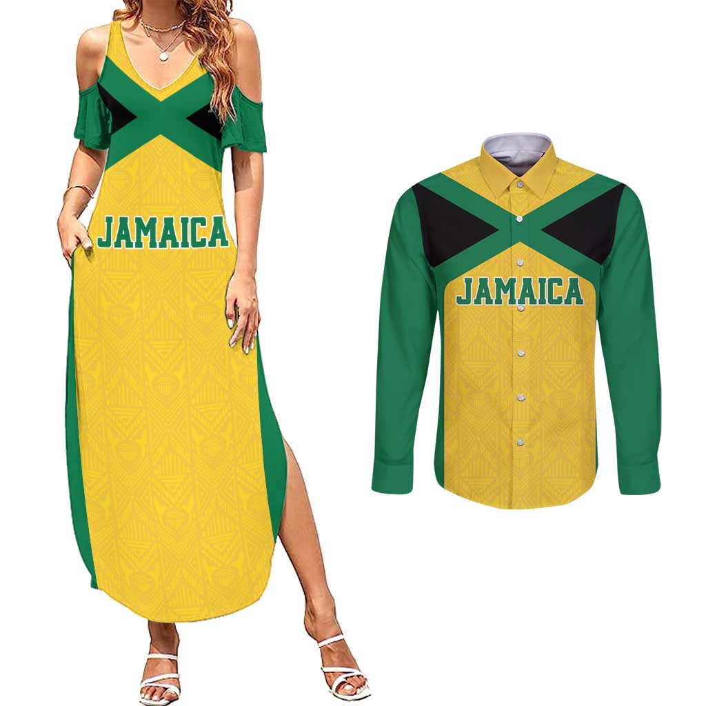 Jamaica Football Custom Couples Matching Summer Maxi Dress and Long Sleeve Button Shirt Gold Ethnic Motifs LT9 - Wonder Print Shop
