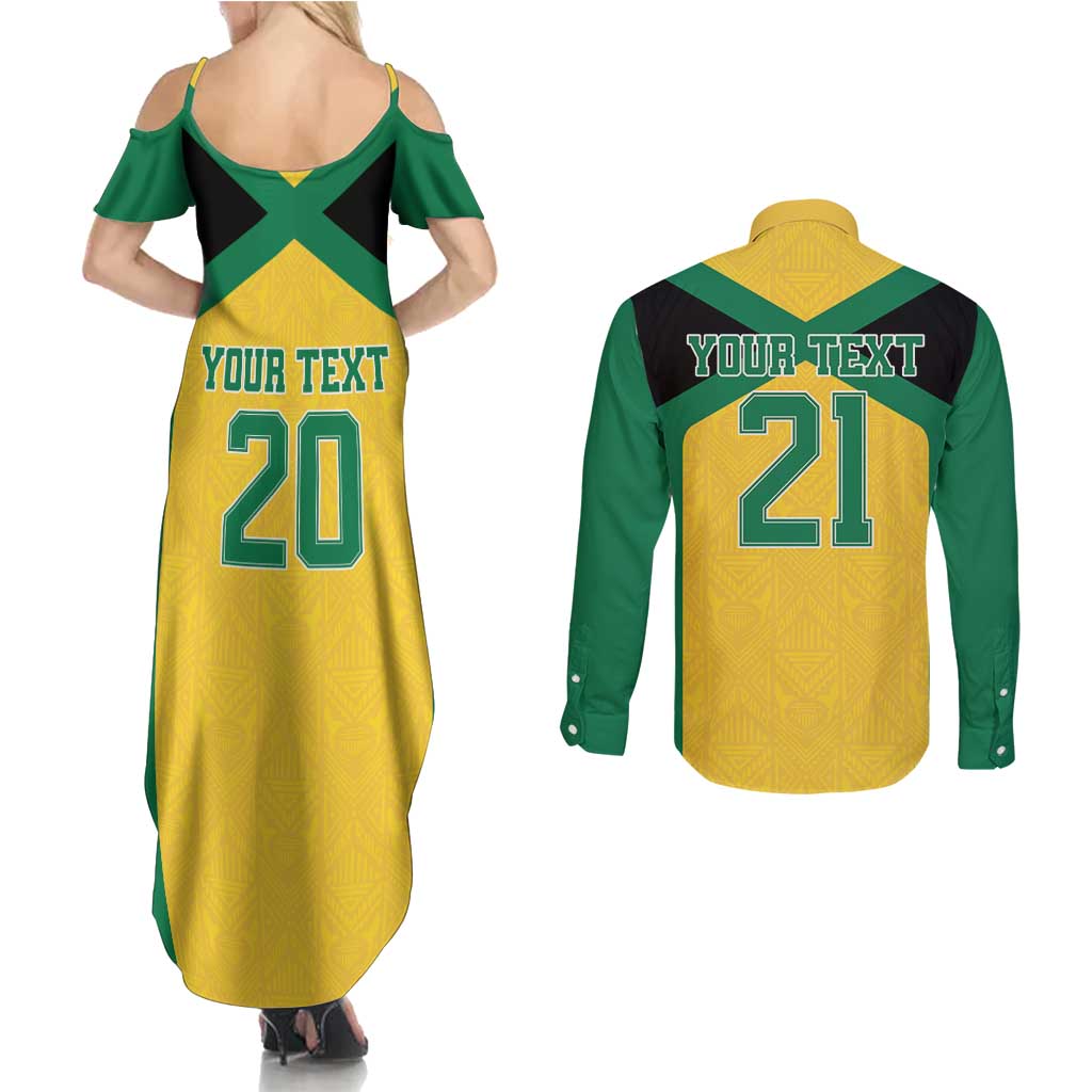 Jamaica Football Custom Couples Matching Summer Maxi Dress and Long Sleeve Button Shirt Gold Ethnic Motifs LT9 - Wonder Print Shop