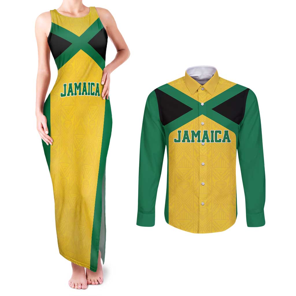 Jamaica Football Custom Couples Matching Tank Maxi Dress and Long Sleeve Button Shirt Gold Ethnic Motifs LT9 - Wonder Print Shop