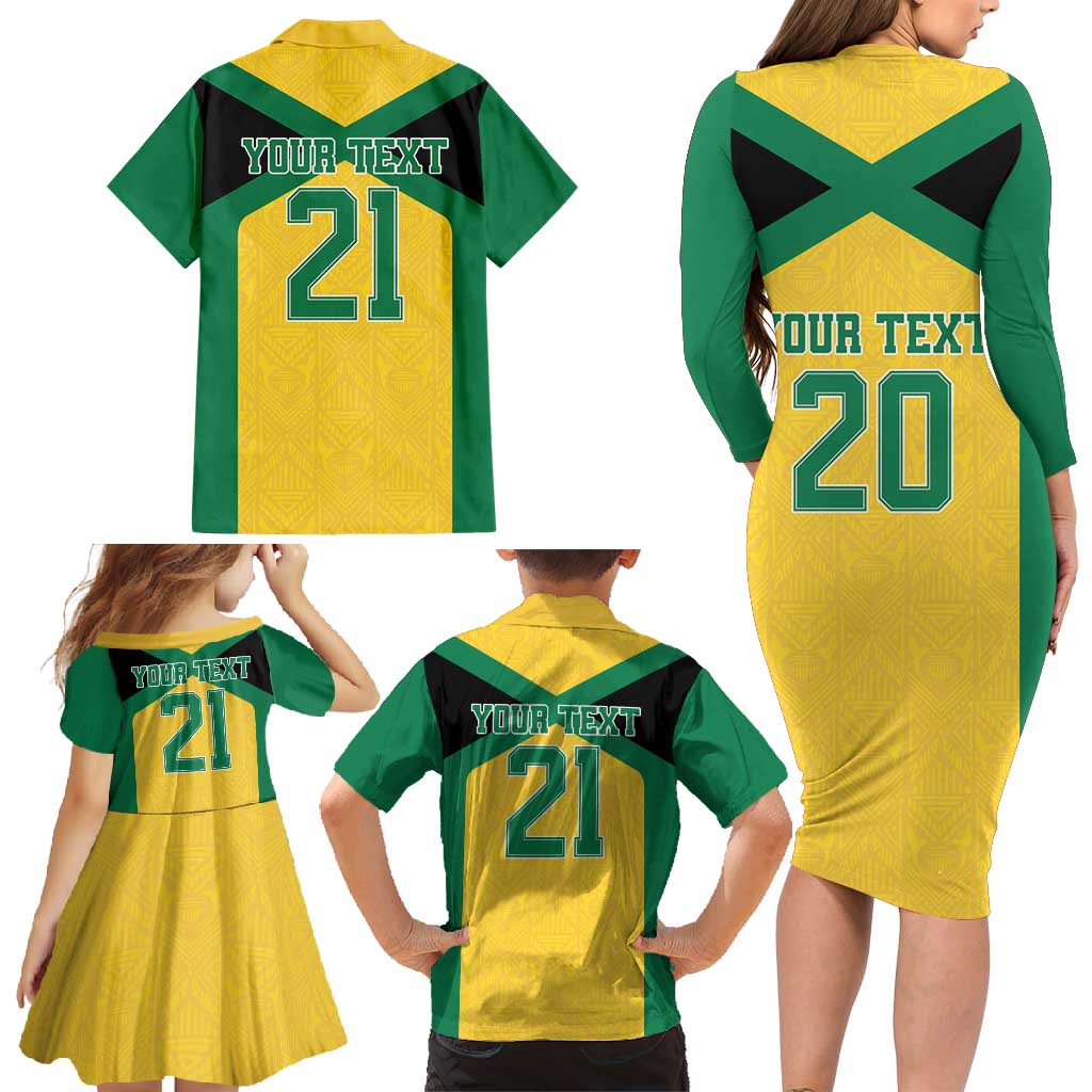Jamaica Football Custom Family Matching Long Sleeve Bodycon Dress and Hawaiian Shirt Gold Ethnic Motifs LT9 - Wonder Print Shop