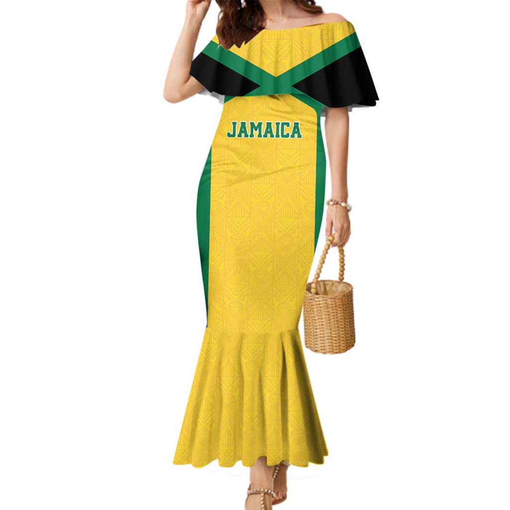 Jamaica Football Custom Family Matching Mermaid Dress and Hawaiian Shirt Gold Ethnic Motifs LT9 - Wonder Print Shop