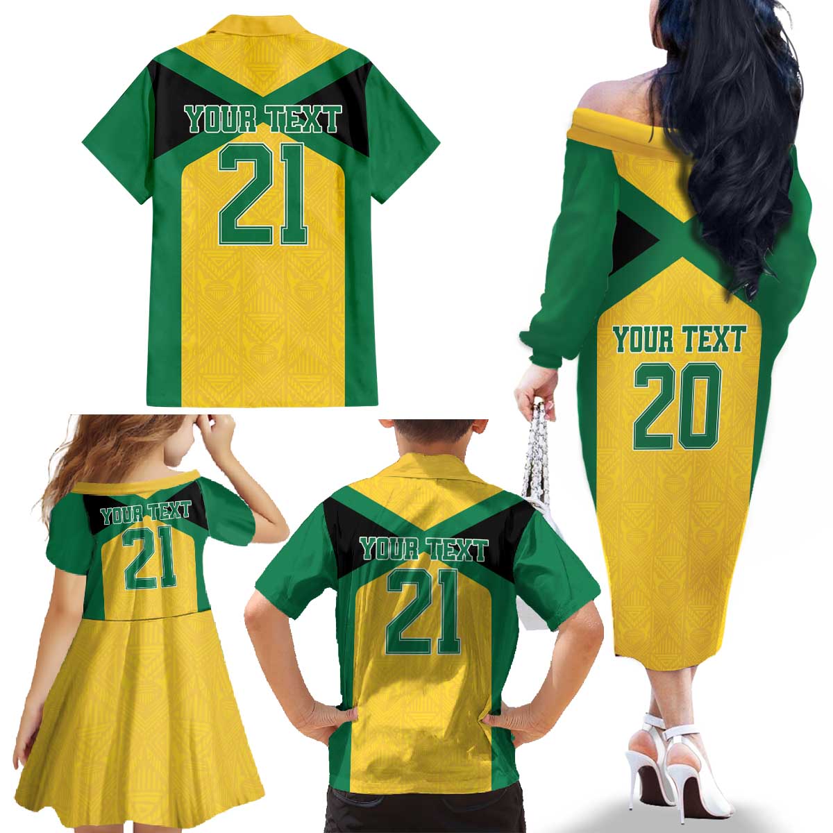 Jamaica Football Custom Family Matching Off The Shoulder Long Sleeve Dress and Hawaiian Shirt Gold Ethnic Motifs - Wonder Print Shop