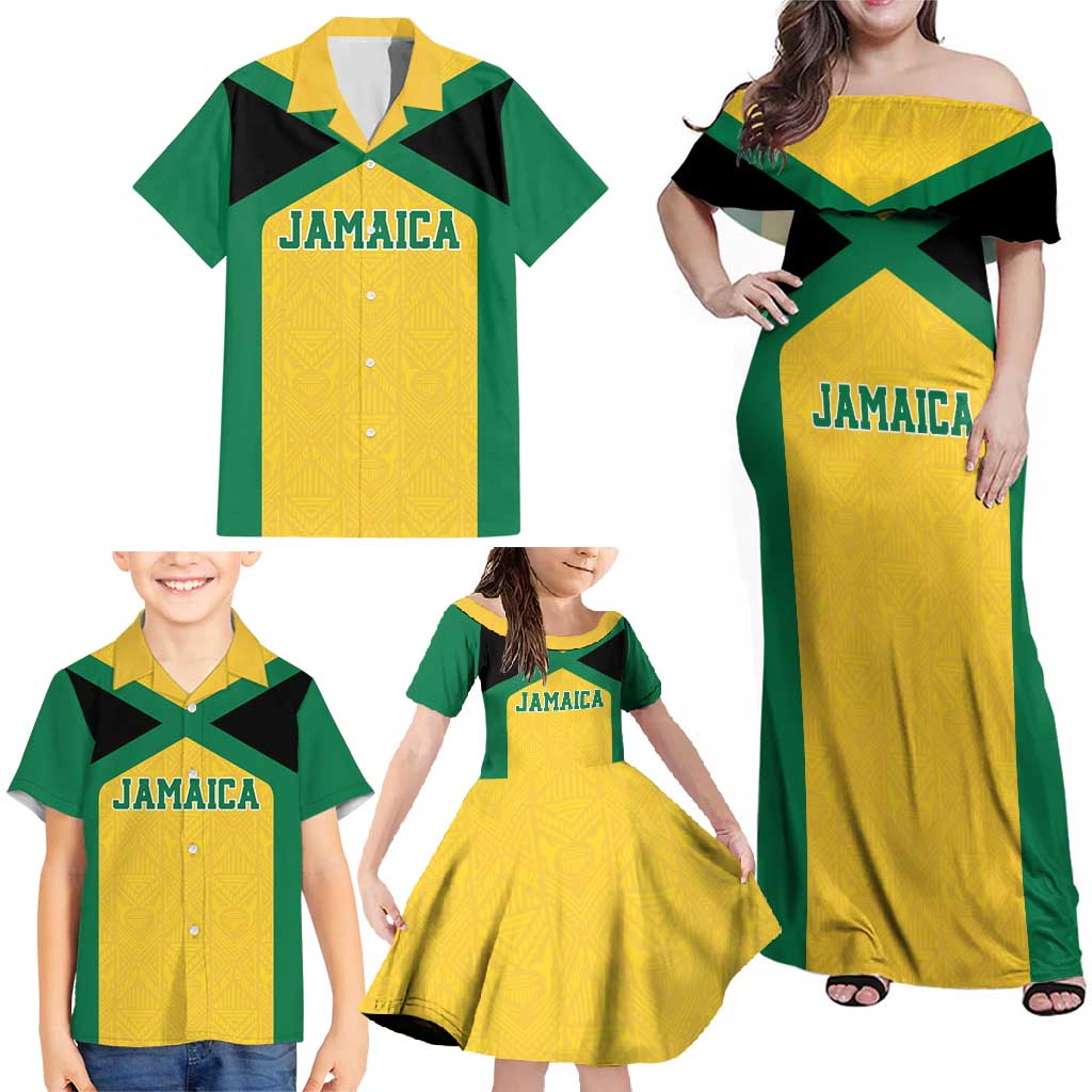 Jamaica Football Custom Family Matching Off Shoulder Maxi Dress and Hawaiian Shirt Gold Ethnic Motifs LT9 - Wonder Print Shop