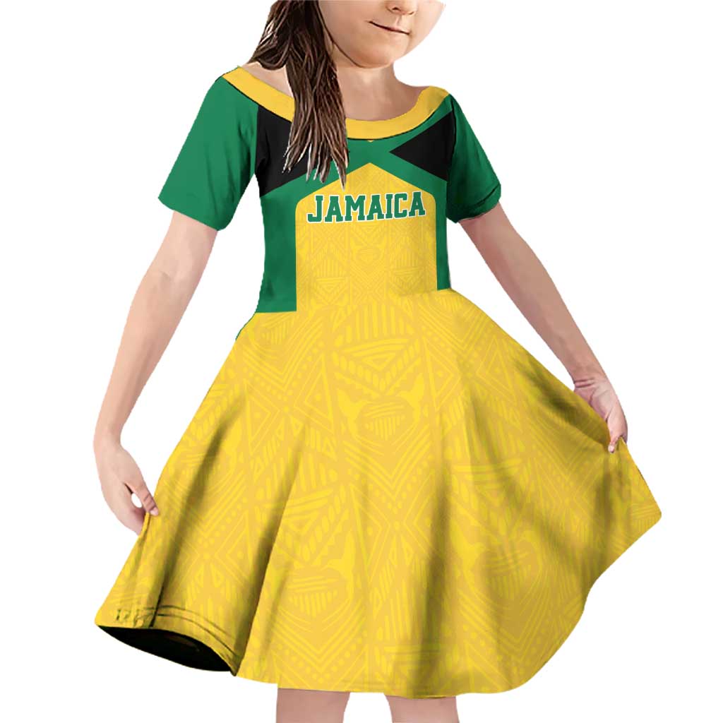 Jamaica Football Custom Family Matching Off Shoulder Short Dress and Hawaiian Shirt Gold Ethnic Motifs LT9 - Wonder Print Shop