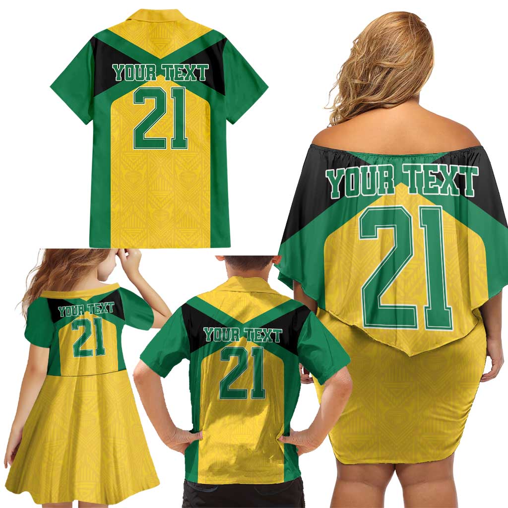 Jamaica Football Custom Family Matching Off Shoulder Short Dress and Hawaiian Shirt Gold Ethnic Motifs LT9 - Wonder Print Shop