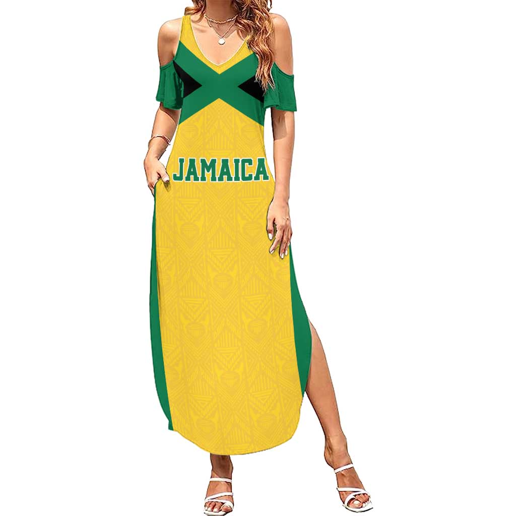 Jamaica Football Custom Family Matching Summer Maxi Dress and Hawaiian Shirt Gold Ethnic Motifs - Wonder Print Shop