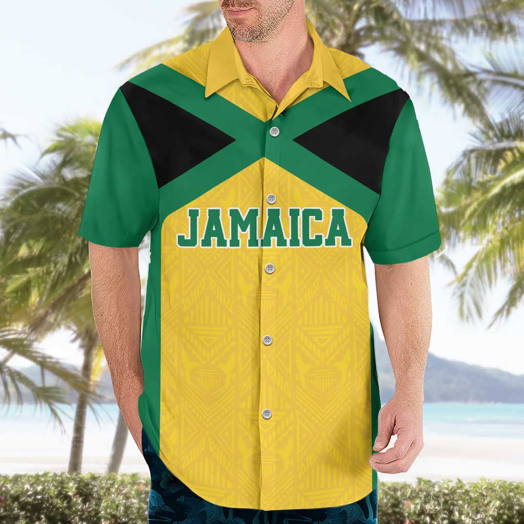 Jamaica Football Custom Hawaiian Shirt Gold Ethnic Motifs - Wonder Print Shop