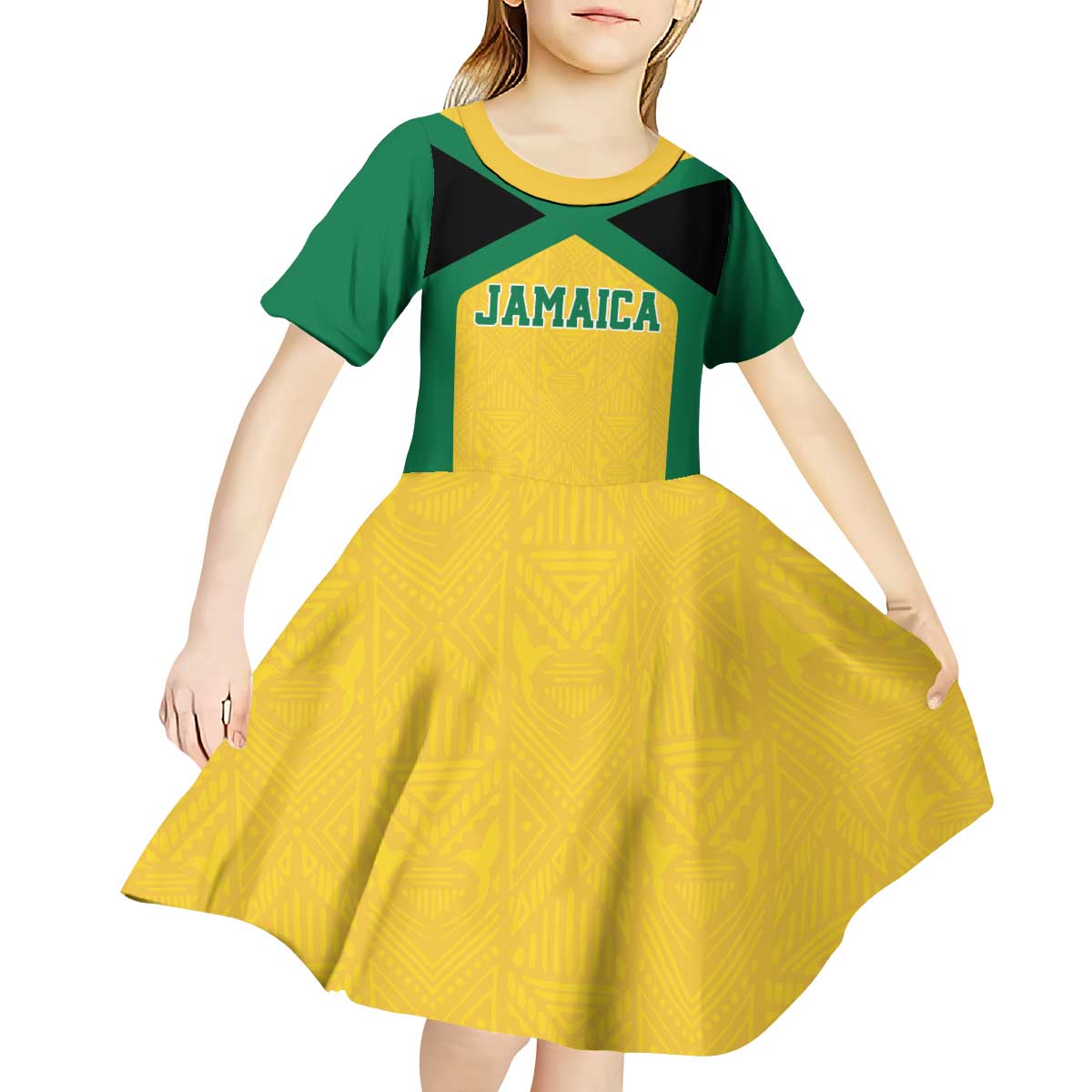 Jamaica Football Custom Kid Short Sleeve Dress Gold Ethnic Motifs - Wonder Print Shop