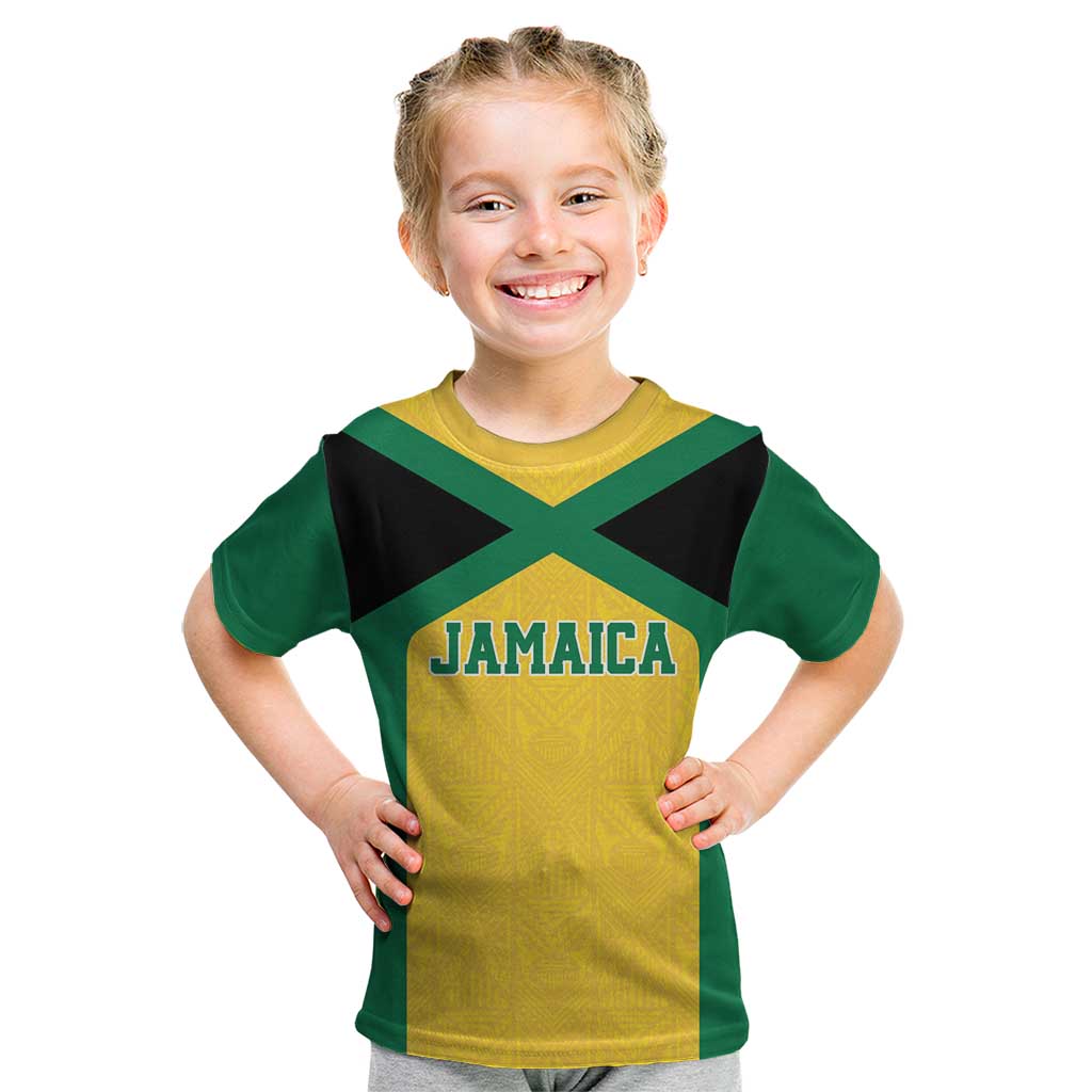 Jamaica Football Custom Kid T Shirt Gold Ethnic Motifs - Wonder Print Shop