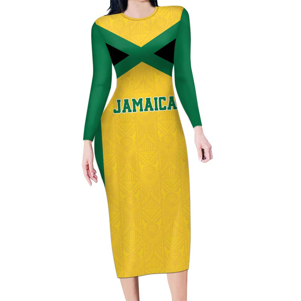 Jamaica Football Custom Long Sleeve Bodycon Dress Gold Ethnic Motifs - Wonder Print Shop